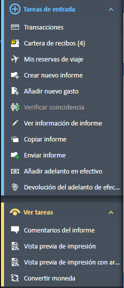 Opciones del menú de navegación Tareas de entrada y Ver tareas con todas las acciones adicionales disponibles.