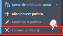 Opción de menú «Eliminar política» en el menú de navegación de tareas de políticas de autor.