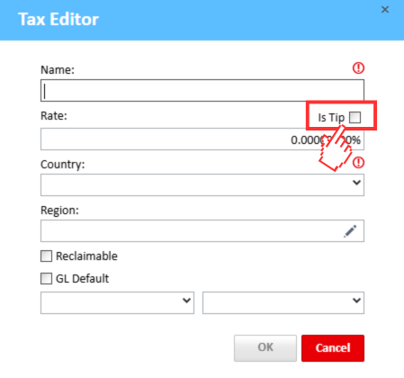 Tax Editor window with Is Tip option highlighted