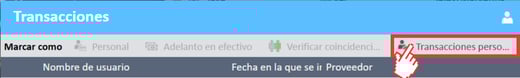 Pestaña Transacciones personales en el menú superior de la ventana Transacciones del Administrador de gastos.