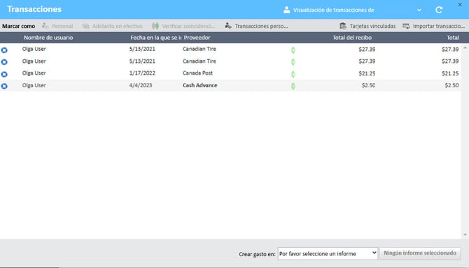 Se abrió la ventana de transacciones, que muestra una lista de transacciones en el Administrador de gastos.