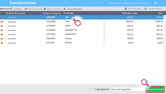 Ventana de transacciones que muestra las transacciones con la opción Transacción seleccionada y el botón Añadir al informe seleccionado.