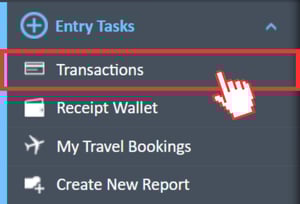 Transactions menu option in the Entry Tasks navigation menu in the Expense Manager
