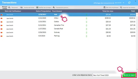 Fenêtre Transactions affichant les transactions avec l'option Transaction sélectionnée et le bouton Ajouter au rapport sélectionné