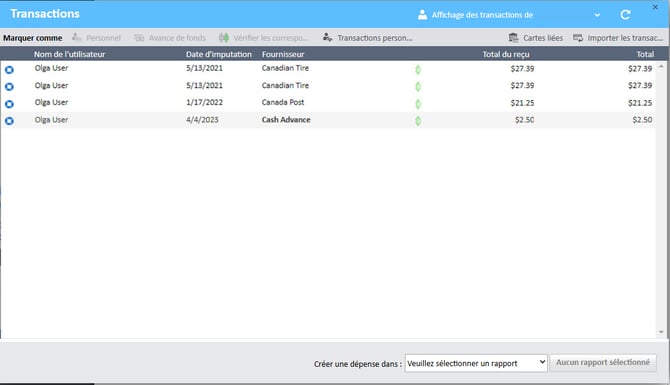 La fenêtre Transactions s'est ouverte, affichant la liste des transactions du Gestionnaire de dépenses.