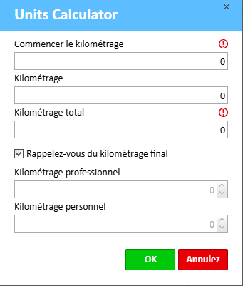 La fenêtre du calculateur de kilométrage s'ouvre avec des champs à remplir tels que Départ, Arrivée, Total, Professionnel et Personnel