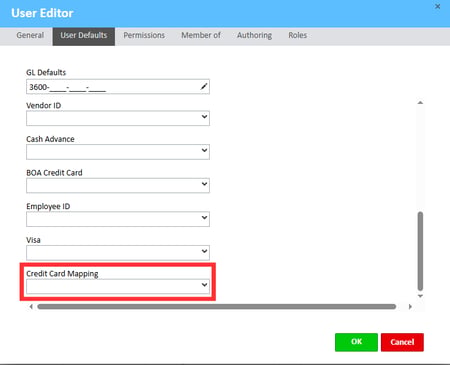 Credit Card Mapping field in the User Editor window in the User Defaults tab