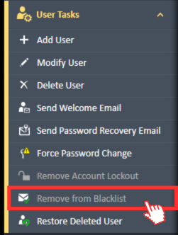 Remove from Blacklist menu option from the User Tasks navigation menu