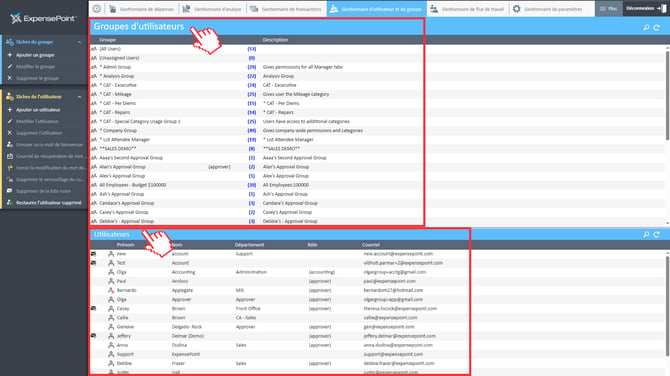 Agencement de l'espace de travail de l'utilisateur et du gestionnaire de groupe