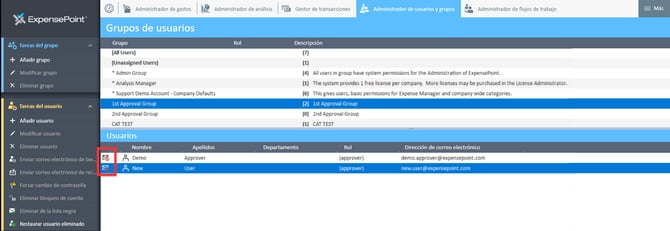 Área de trabajo de Grupos de usuarios con los iconos de lista negra indicados.
