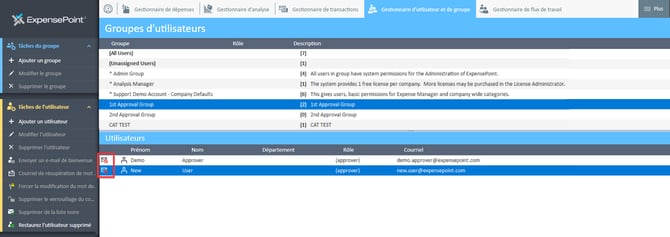 Espace de travail des groupes d'utilisateurs avec icônes de liste noire indiquées