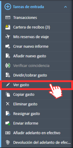 Ver la opción de menú Gastos en el menú de navegación Tareas de entrada