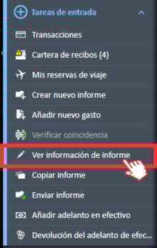Ver la opción de navegación Información del informe en el menú Tareas de entrada del Administrador de gastos