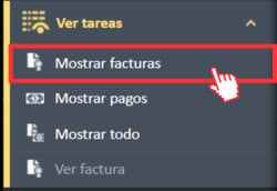 Opción de menú «Mostrar facturas» en el menú de navegación «Ver tareas»