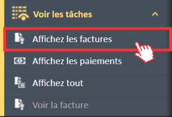 Option de menu « Afficher les factures » dans le menu de navigation « Voir les tâches »