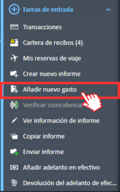 Menú de navegación Tareas de entrada en el Administrador de gastos con la opción Agregar nuevo gasto seleccionada.