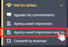 L'option « Aperçu avant impression avec pièces jointes » du menu de navigation « Afficher les tâches » du Gestionnaire de dépenses