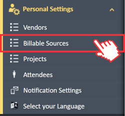 Billable Sources menu option in the Personal Setting navigation menu in the expense manager