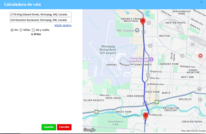 Calculadora de rutas con la ruta introducida en los campos de origen y destino.