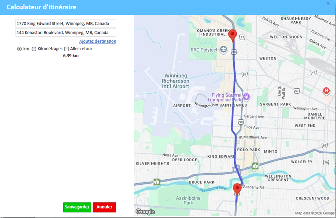 Calculateur d'itinéraire avec saisie de l'itinéraire dans les champs « De » et « À ».