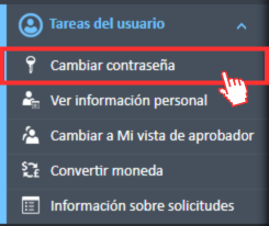  Se seleccionó la opción Cambiar contraseña en el menú de navegación del panel del administrador de gastos.