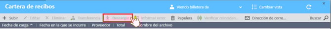 Botón Descargar seleccionado en la Cartera de recibos del Administrador de gastos
