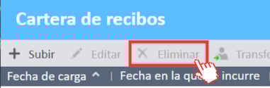 Botón Eliminar en la pantalla Cartera de recibos en el Administrador de gastos