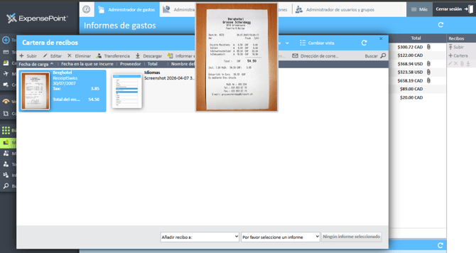 Los detalles del recibo se abrieron en la Cartera de recibos del Administrador de gastos.