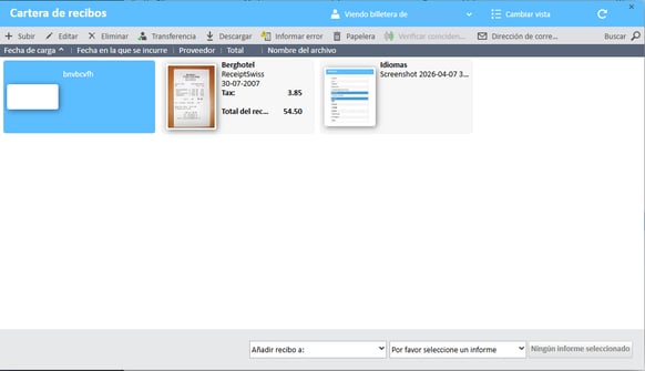 Recibo seleccionado en la pantalla Cartera de recibos del Administrador de gastos