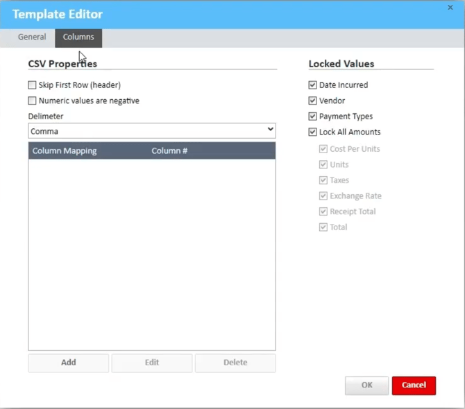 Template Editor window with Columns tab selected from the upper tab
