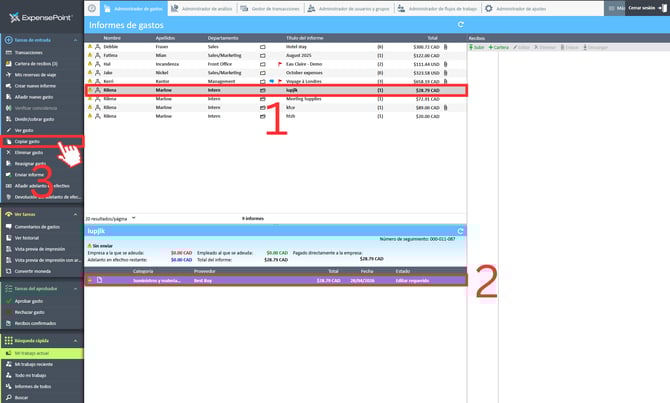 Opción Copiar gasto seleccionada después de seleccionar el informe y el gasto en el Administrador de gastos.