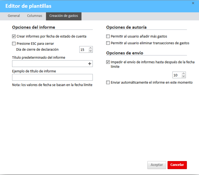 Pestaña Creación de gastos en el Editor de plantillas