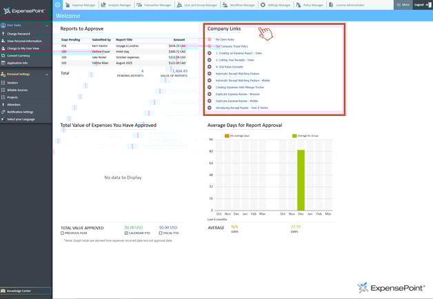 Highlighted Company Links Section of the&nbsp;Dashboard in ExpensePoint's Expense Management Software