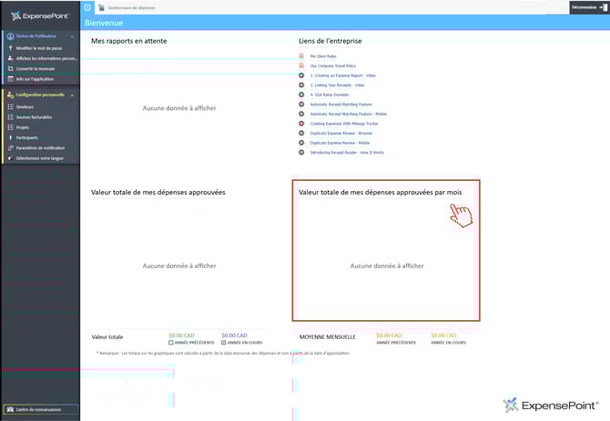 dashboard fr valeur totale de mes depenses approuvees par mois