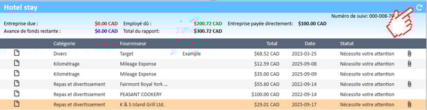 Icône de rafraîchissement dans le coin supérieur droit de la section de l'espace de travail Gestionnaire de dépenses