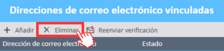 Opción Eliminar en la ventana Direcciones de correo electrónico vinculadas en ExpensePoint.