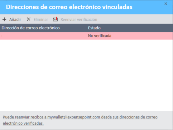 Ventana de direcciones de correo electrónico vinculadas con columnas de dirección de correo electrónico y estado.