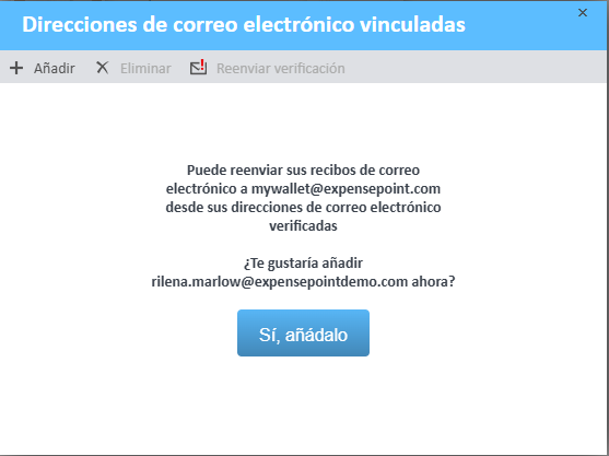 Ventana de direcciones de correo electrónico vinculadas en ExpensePoint
