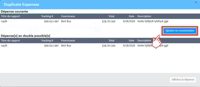 Bouton Ajouter un commentaire dans la fenêtre Dépenses en double
