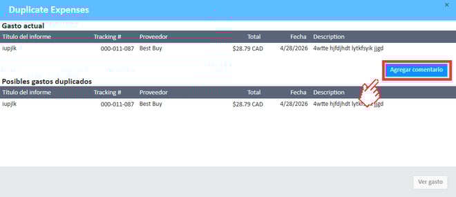 Botón Agregar comentario en la ventana Duplicar gastos