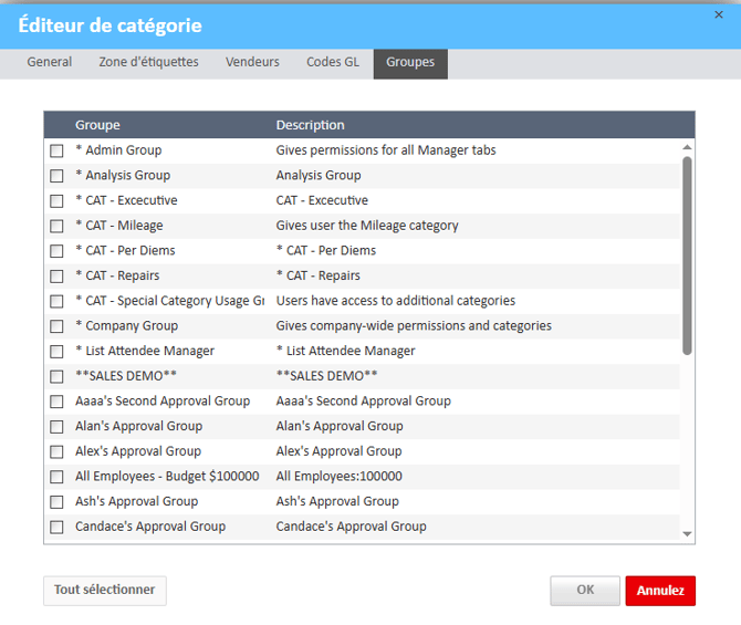 Onglet Groupes de l'éditeur de catégories