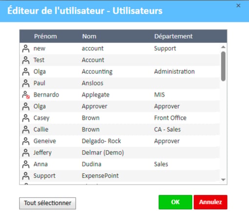 Éditeur d'utilisateurs : fenêtre Utilisateurs affichant la liste des utilisateurs