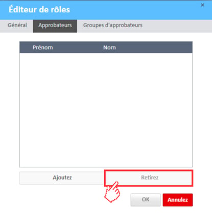 Onglet Approbateurs de l'éditeur de rôle Bouton Supprimer