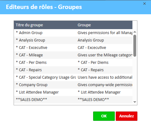 Éditeurs de rôles - Fenêtre Groupes