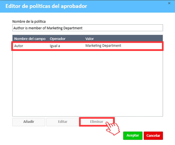 Ventana de política del aprobador Botón Eliminar