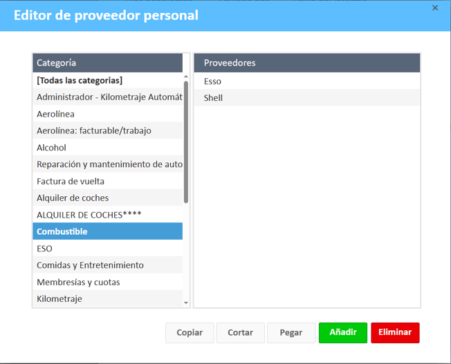 editor de proveedor personal cobustible