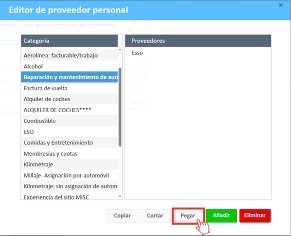 Seleccione Pegar para completar la transferencia en el editor de proveedor personales.