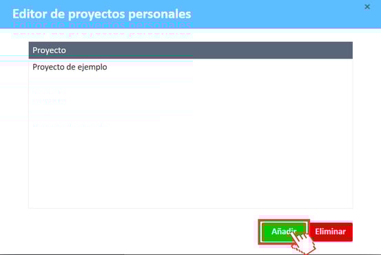 Ventana del editor de proyectos personales con el botón Añadir seleccionado.