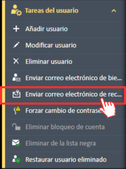 Opción de menú Enviar correo electrónico de recuperación de contraseña en el menú de navegación de Tareas de usuario