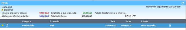 Se seleccionó un gasto de la lista de gastos en el Administrador de gastos.